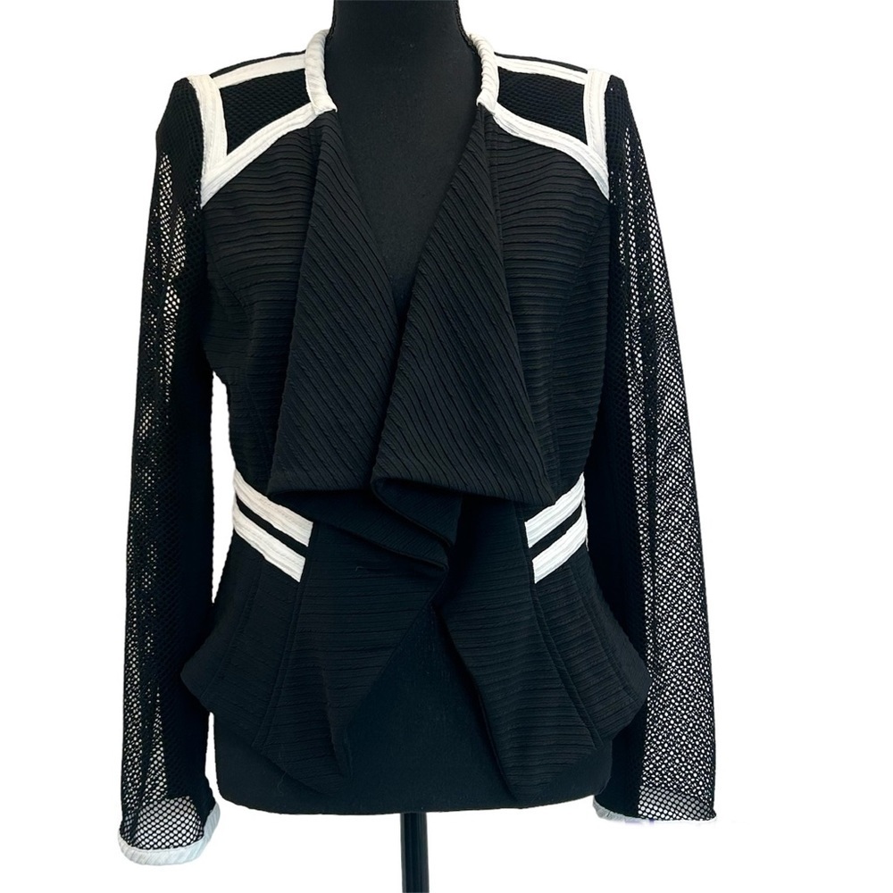 FRANK Lyman black mesh sleeve white trim open front blazer Sz 8 NWOT